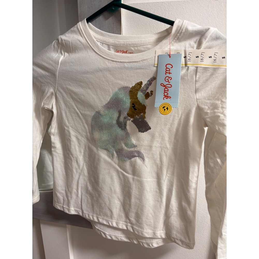 Cat & Jack Girls Unicorn Sequin Long Sleeve Graphic Tee Cream White Size S 6/7